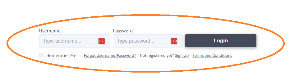 Username and password fields are highlighted along with the login button